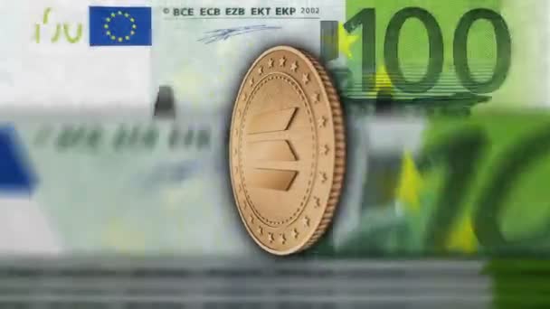ソラナアルトコイン暗号通貨100ユーロ紙幣以上のSOL黄金のコイン。EUのノートカウント、トランザクションおよびブロックチェーン技術。ループ可能でシームレスな抽象3D背景概念. - 映像、動画