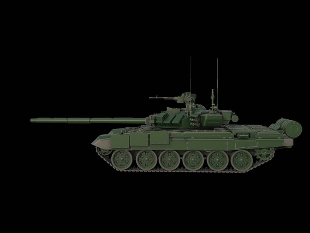 強力な軍用タンク-濃い緑色の迷彩色-サイドビュー - 写真・画像