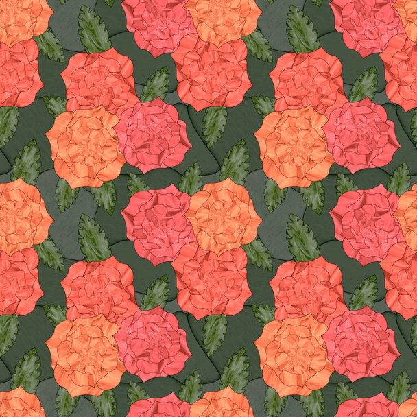 nahtloses Muster orangefarbener Rosenblüten im Glasmalereistil - Foto, Bild