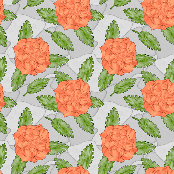 ステンドグラス風のオレンジのバラの花のシームレスなパターン - 写真・画像
