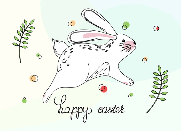 Frohe Ostern Vorlage mit einem niedlichen kleinen Hasen. Umriss flache Illustration. - Vektor, Bild