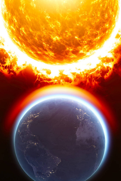 Солнце и солнечная буря, магнитное поле Земли, Земля и солнечный ветер, поток частиц. Повышение температуры. Глобальное потепление Озоновая дыра. 3d-рендеринг - Фото, изображение