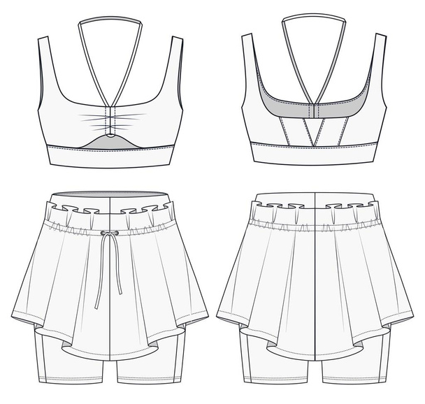 Womens Bra and skirt fashion flat template. Sports wear fashion design set. Girls Crop Top fashion flat template. Technical Fashion Illustration. Sports Bra and Skirt CAD. - Vector, Image