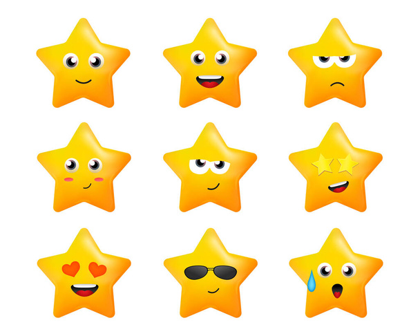 Estrellas de dibujos animados con emociones. Etiqueta engomada con caras para juegos de niños. Lindo vector de caracteres ilustración - Vector, Imagen