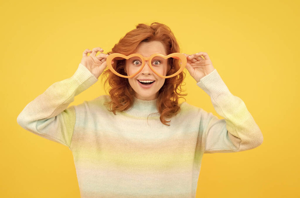 happy redhead woman in party glasses. just having fun. funny girl wear big glasses. - Fotoğraf, Görsel