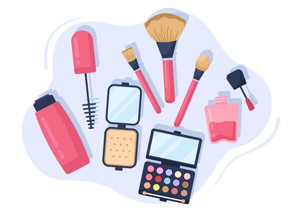 Make Up Cosmetics Collection of Glamour Girl Like Nail Polish, Mascara, Lipstick, Eyeshadows, Brush or Powder in Flat Cartoon Vector Illustration - Vector, Image