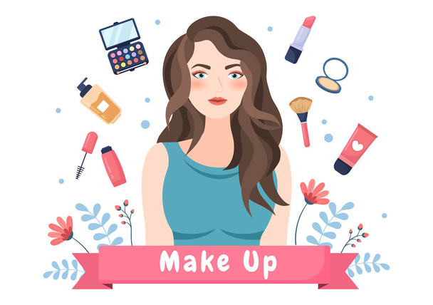 Make Up Kosmetik Kollektion von Glamour Girl wie Nagellack, Mascara, Lippenstift, Lidschatten, Pinsel oder Puder in flachen Cartoon Vector Illustration - Vektor, Bild
