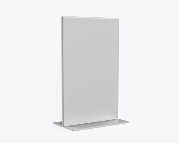 Charlatán de mesa metálica, promocional soporte de letrero de mesa de menú vertical, cuadro de soporte de exhibición de tarjeta de menú de mesa para maqueta y diseño de plantilla. ilustración de renderizado 3d. - Foto, imagen
