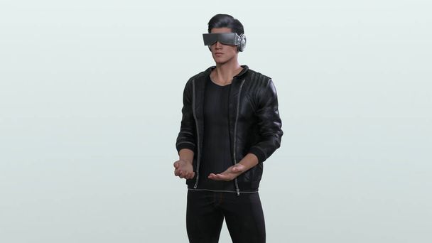 3D Render: Férfi karakter visel virtuális valóság headset, hogy egy izgalmas élmény a kibertér technológia - Fotó, kép