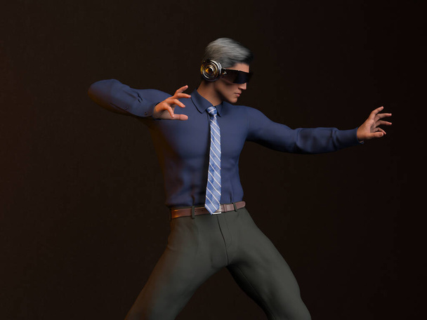 3D Render: Male character wearing Virtual Reality Headset to have an exciting experience for cyberspace technology - Photo, Image