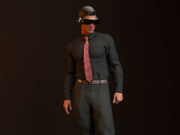 3D Render: Hombre con auriculares de realidad virtual para tener una experiencia emocionante para la tecnología del ciberespacio - Foto, Imagen