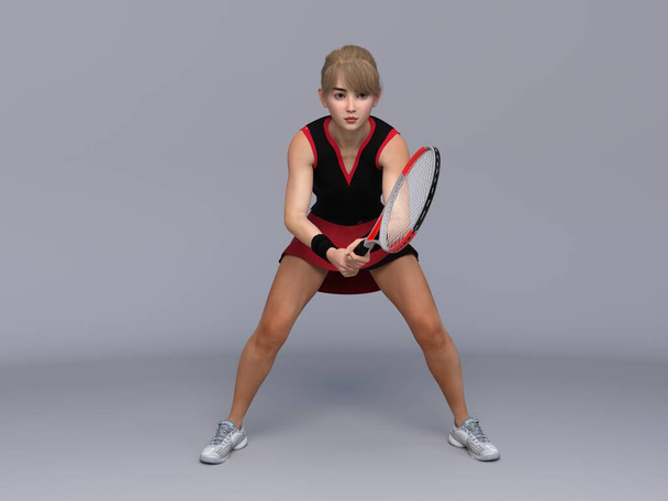 3D Render : Full body portrait of female tennis player is performing and acting in training session - Photo, Image