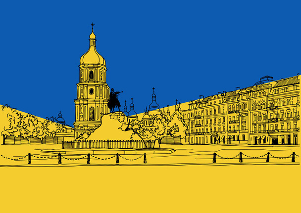 美しいキエフの風景。ウクライナ国旗掲揚。ロシアからウクライナを救う。手描きの線画。黄色と青の色背景. - ベクター画像