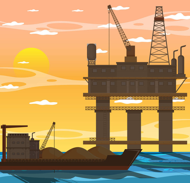 Concetto di industria petrolifera con illustrazione piattaforma petrolifera offshore - Vettoriali, immagini