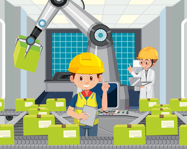 Automation industry concept with assembly line robots illustration - Vektor, obrázek