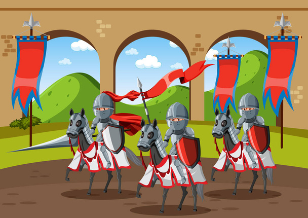 Ortaçağ zırhlı şövalye grubu çizimleri - Vektör, Görsel