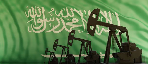 Oil and gas production in Saudi Arabia. Pumpjack drilling on flag background. Petroleum fuel industry in the country. 3d rende - Fotó, kép