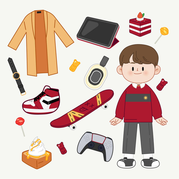 Elementary school student sticker pack with cake, candy, skateboard, game machine, shoes, watch, jelly, coat - Wektor, obraz