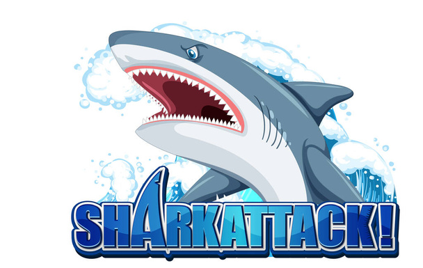 Shark atak czcionek logo z kreskówki agresywny rekin ilustracja - Wektor, obraz
