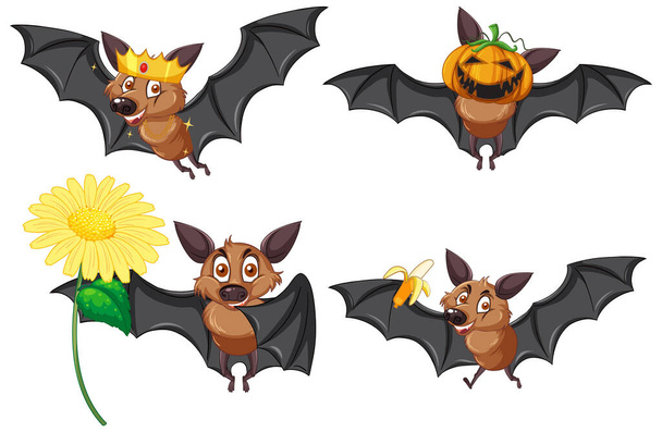 Set of different cute bats in cartoon style illustration - Vector, Image