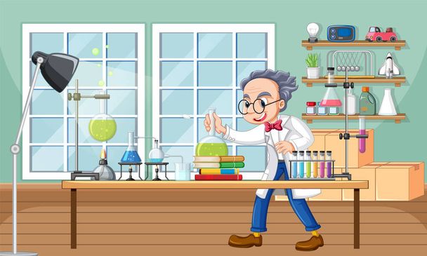 Scena di laboratorio con illustrazione personaggio cartone animato scienziato - Vettoriali, immagini