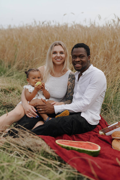 Kaygısız karışık ırk ailesi güneşli bir günde dışarıda piknik yapıyor. - Fotoğraf, Görsel