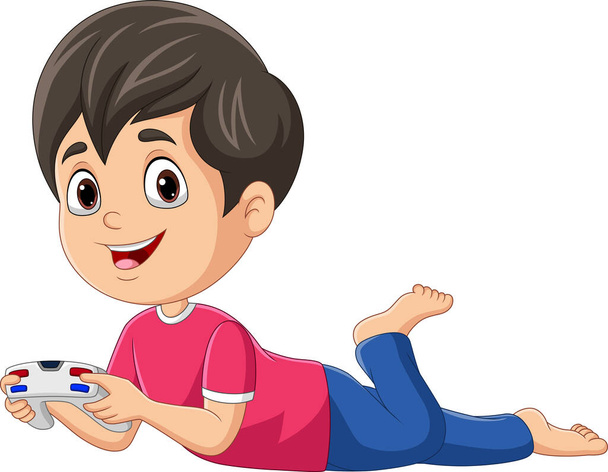 Векторная иллюстрация маленького мальчика, держащего джойстик - Вектор,изображение