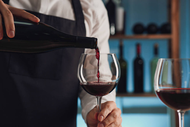 Bartender pouring wine into glass in restaurant, closeup - Valokuva, kuva