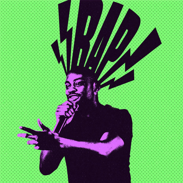 Creative bright artwork. Young man, rap musician performing isolated over neon green background. Pop art - Фото, изображение