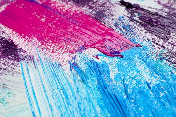 Strokes of colorful acrylic paints on white canvas, closeup - Foto, Imagem