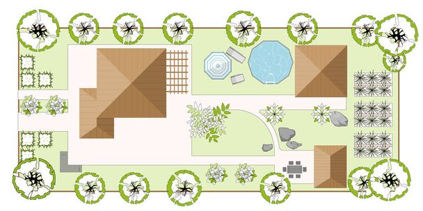 Top view landscape design plan with house, courtyard, lawn and garage. Highly detailed plan of a country Top view of a house. Vector illustration of Cityscape or Map of town, village - ベクター画像