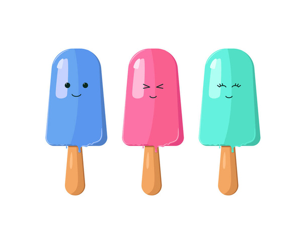 Big set of funny cheerful,friendly ice cream characters.Sweet kawaii smiling summer delicacy,tasty sundaes,gelatos with different tasties for kids designs and decorations, isolated on white. Vector. - Vector, imagen