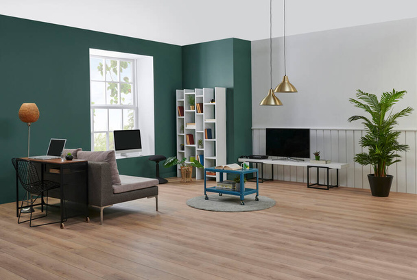 Moderní koncept obývacího pokoje s nábytkem objekt, bílá knihovna, kniha, televizní jednotka, stolní lampa, koberec detail, zelená zeď pozadí. - Fotografie, Obrázek