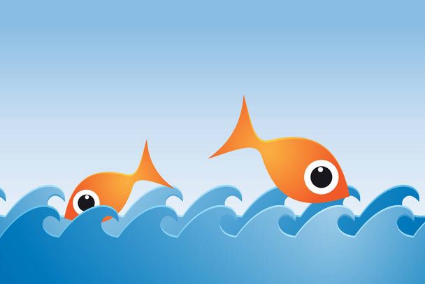 Sea rich and abundant with fish jumping out of the sea. vector illustration. Sustainable fishing concept - Вектор,изображение