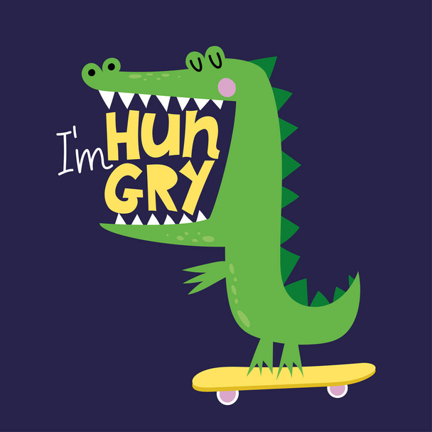 I'm hungry - funny hand drawn doodle, cartoon crocodile with open mouth on skateboard. Good for Poster or t-shirt textile graphic design. Vector hand drawn illustration. Crocodile dude. - Vettoriali, immagini