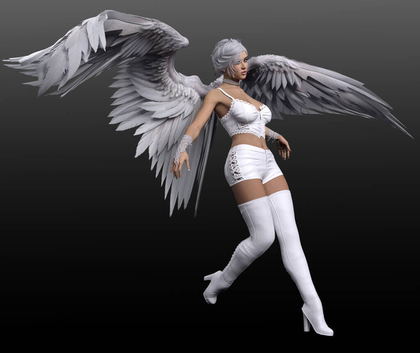 Fantasy Sexy Blonde Angel en cuir blanc avec des ailes blanches - Photo, image
