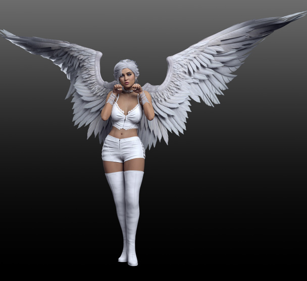 Fantasy Sexy Blonde Angel in White Leather with White Wings - Фото, изображение