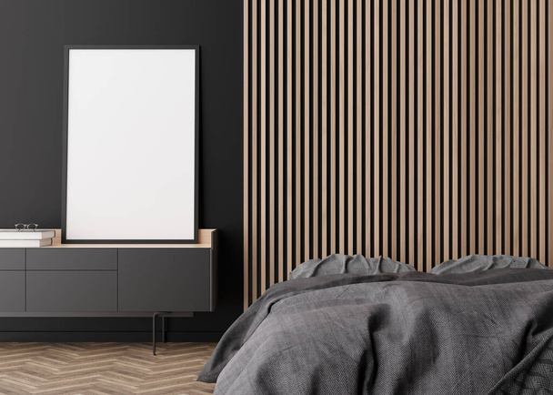 Marco vertical vacío en la pared negra en el dormitorio moderno. Prepara el interior en un estilo minimalista y contemporáneo. Espacio libre, espacio de copia para su imagen. Cama, consola. Renderizado 3D. - Foto, imagen