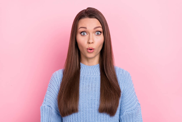 Photo of impressed millennial brown hairdo lady look camera wear blue pullover isolated on pink color background - Valokuva, kuva