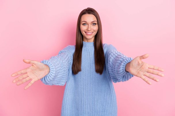 Photo of nice young brown hairdo lady hug you wear blue pullover isolated on pink color background - Valokuva, kuva