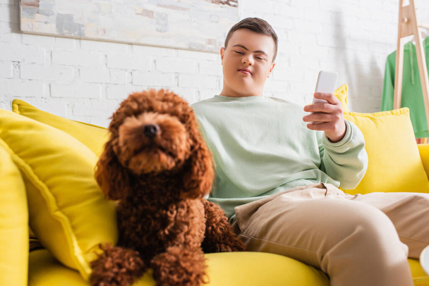 Teenager mit Down-Syndrom hält Smartphone in der Hand und schaut verschwommenen Pudel auf Couch an  - Foto, Bild