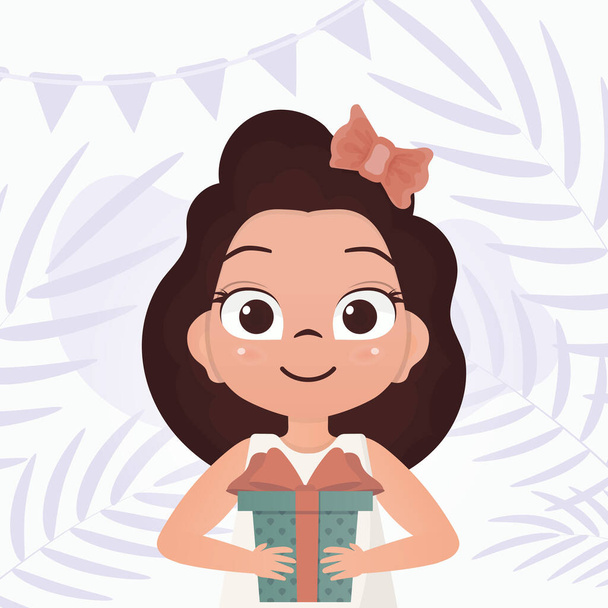The child received a gift. Happy girls child holding a gift box with a bow. Vector. - Vector, Image