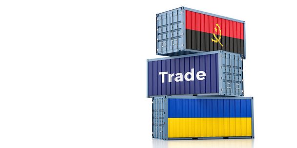 Cargo containers with Ukraine and Angola national flags. 3D Rendering - Fotó, kép