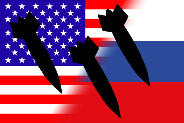 Oroszország. Nukleáris fegyverek. Oroszország zászló és az Egyesült Államok zászló nukleáris fegyverek szimbólum rakéta sziluett. Az orosz és amerikai zászló illusztrációja. Absztrakt dizájn. Illusztráció. Térkép. - Fotó, kép