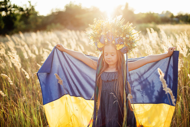Girl carries fluttering blue and yellow flag of Ukraine in field. - Фото, зображення
