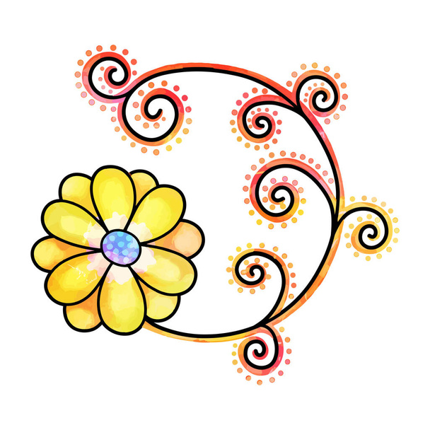 A vibrant hand drawn, swirly doodle daisy flower with watercolour effects. - Vektor, Bild