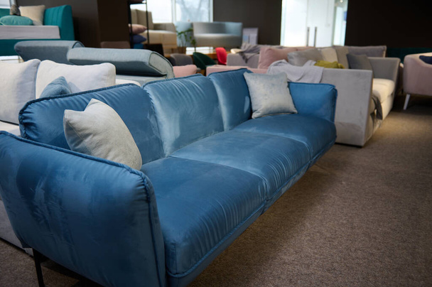 Όμορφη μινιμαλιστική κομψό μπλε βελούδινος καναπές με ανοιχτό γκρι μαξιλάρια, εμφανίζεται προς πώληση στο κατάστημα επίπλων εκθεσιακό χώρο. Έκθεση μαλακών επίπλων στον εκθεσιακό χώρο του καταστήματος επίπλων - Φωτογραφία, εικόνα