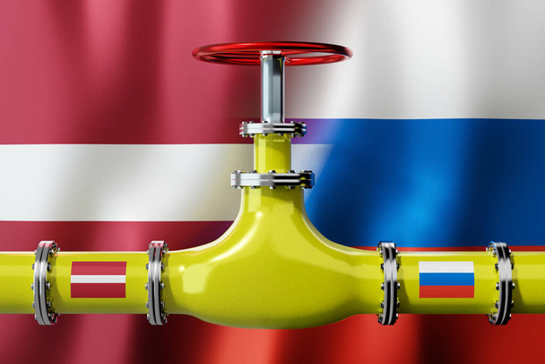 Gaz boru hattı, Letonya ve Rusya bayrakları - 3D illüstrasyon - Fotoğraf, Görsel