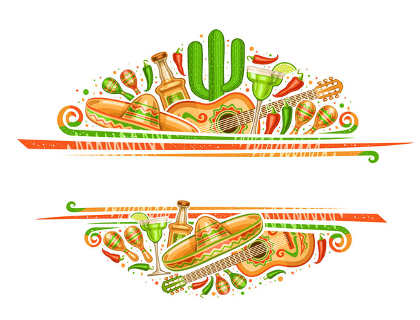 Bordure vectorielle pour Cinco de Mayo avec copyspace pour texte, voucher décoratif avec illustration d'instruments de musique mexicains, piments rouges et verts, boissons alcoolisées traditionnelles pour cinco de mayo - Vecteur, image