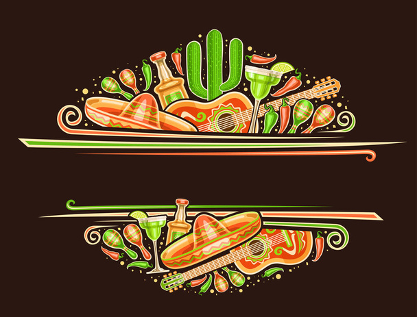 A Cinco de Mayo vektorhatára szövegmásolási lehetőséggel, dekoratív jegy mexikói hangszerek illusztrációjával, vörös és zöld paprika, hagyományos alkoholos italok cinco de mayo-hoz - Vektor, kép